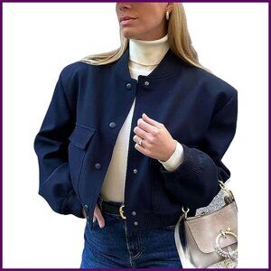 Cropped Long Sleeve Varsity Bomber Jacket with Pockets